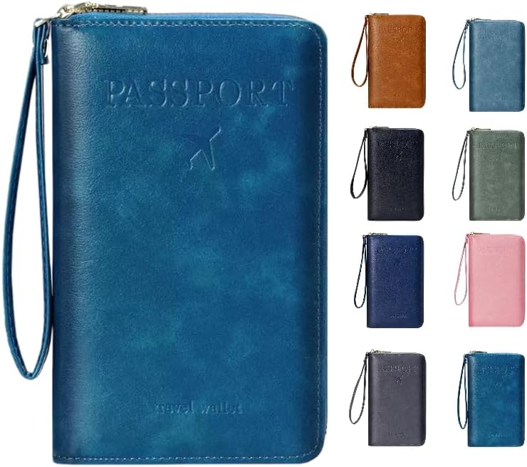 GLOLOOS Multi-Functional RFID Passport Wallet,Travel Wallet for Men & Women,With zipper, anti-theft passport holder，Slim Leather Cover for Credit Cards, Tickets, Cash (Blue) - Image 1